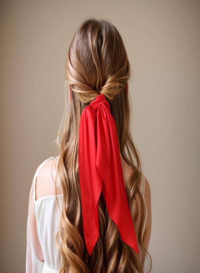 LFOUVRE Red Scrunchie with Bow - 10 PCS Hair Bows for Women Satin Hair Ribbons & Bow Hair Ties Hair Accessories for Women (Red) - Image 2